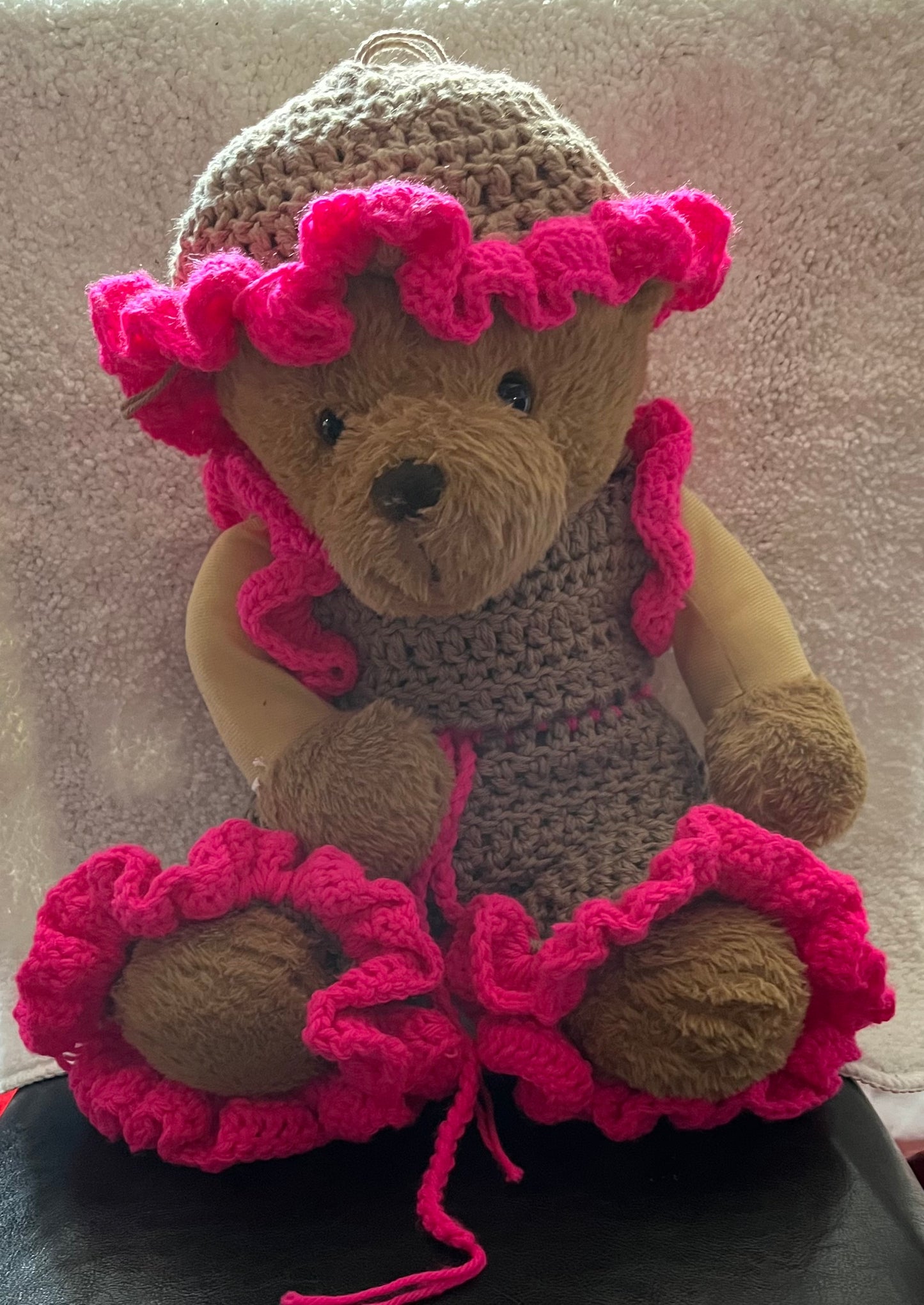 Handmade Crochet Baby Outfit – Tan & Hot Pink Ruffle Set