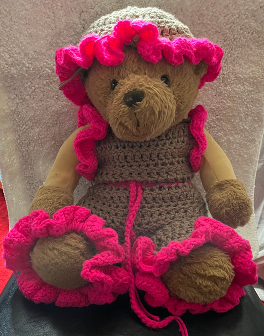 Handmade Crochet Baby Outfit – Tan & Hot Pink Ruffle Set